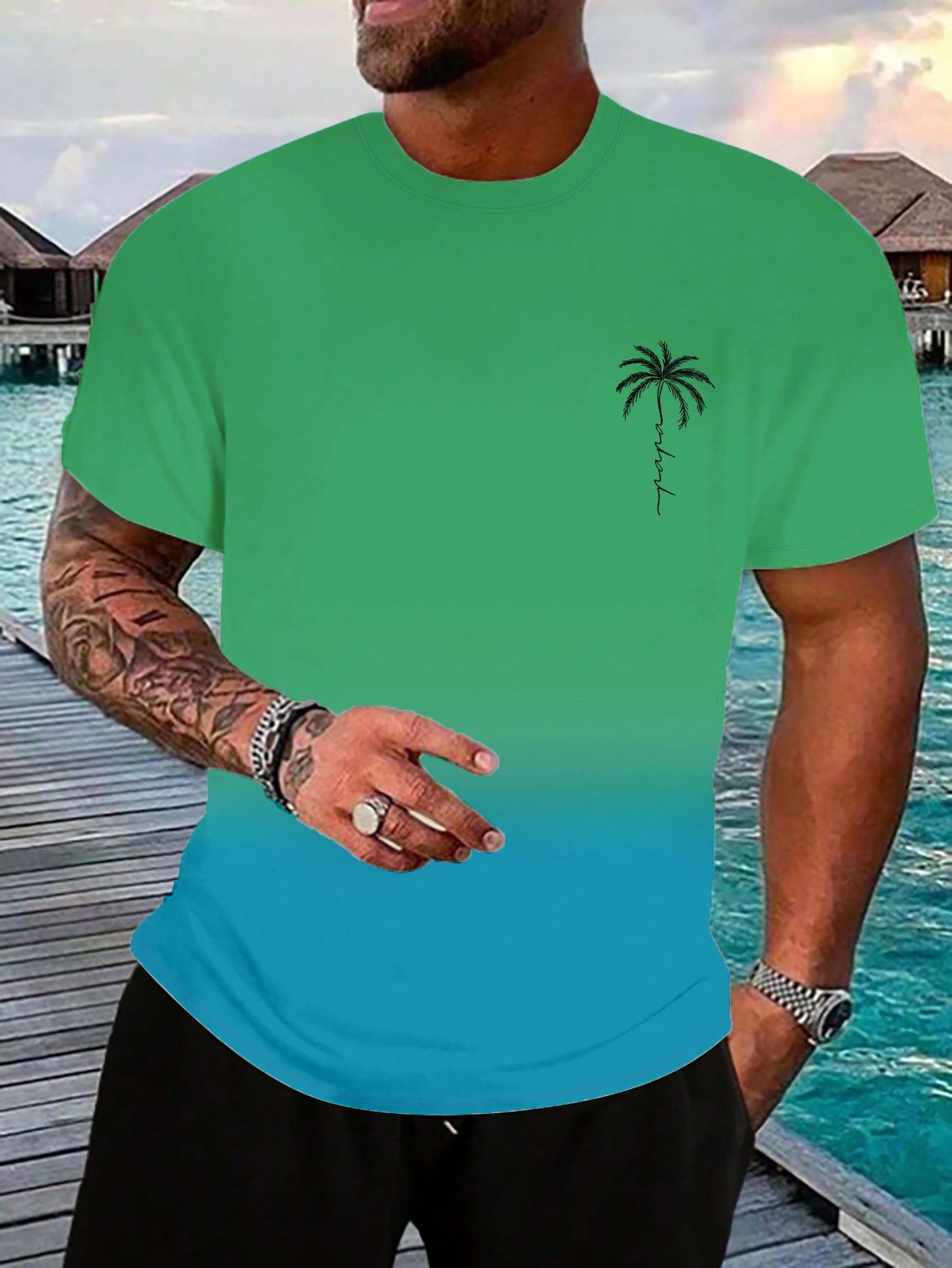 Men's Casual Tropical Palm Tree Print Short Sleeve Round Neck T-Shirt