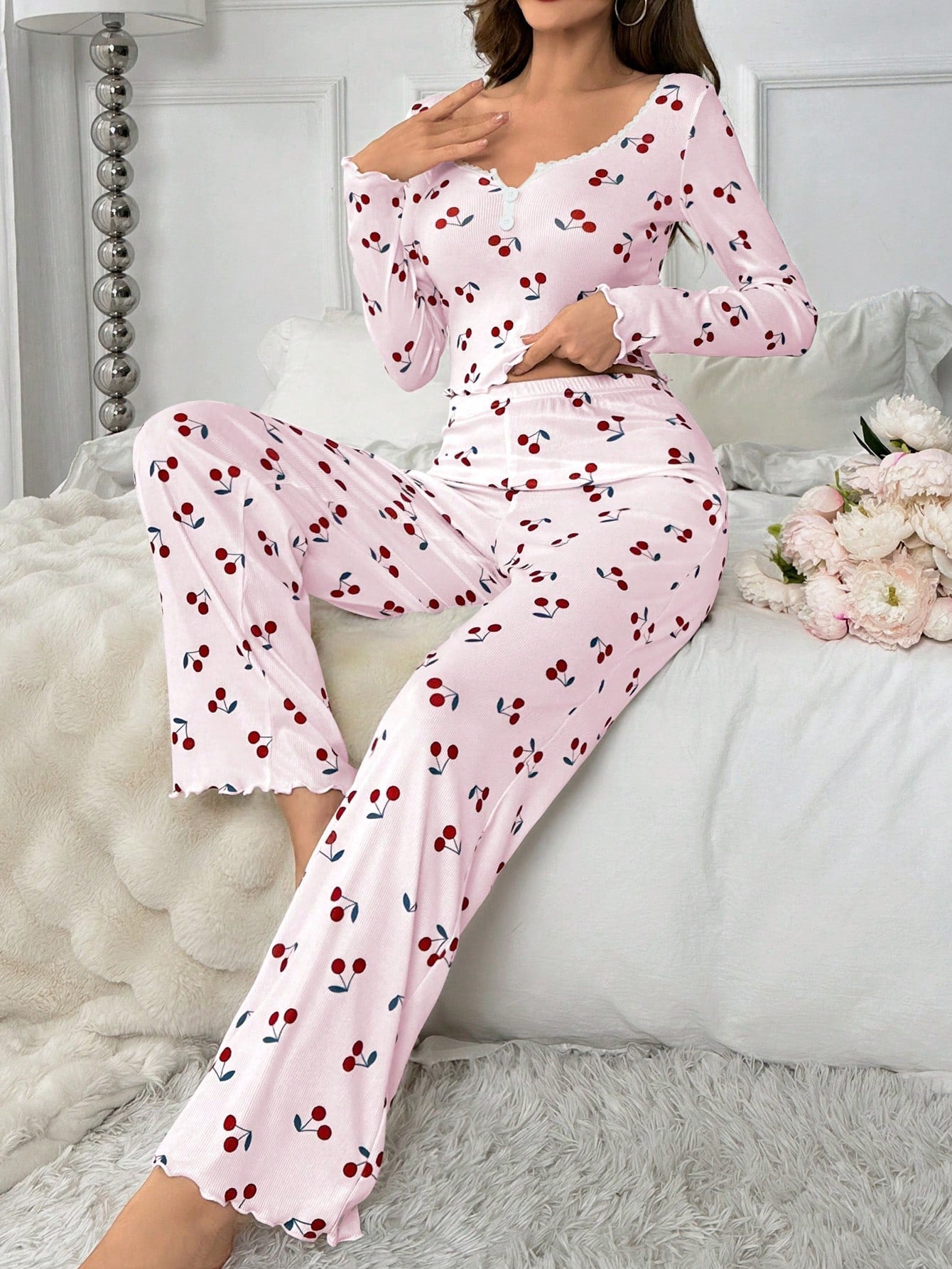 Ditsy Floral Print Lettuce Trim PJ Set / Pajama Set