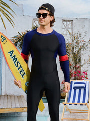 Men's High Neck Color Block One-Piece Swimsuit, Long Sleeve, Zipper Closure