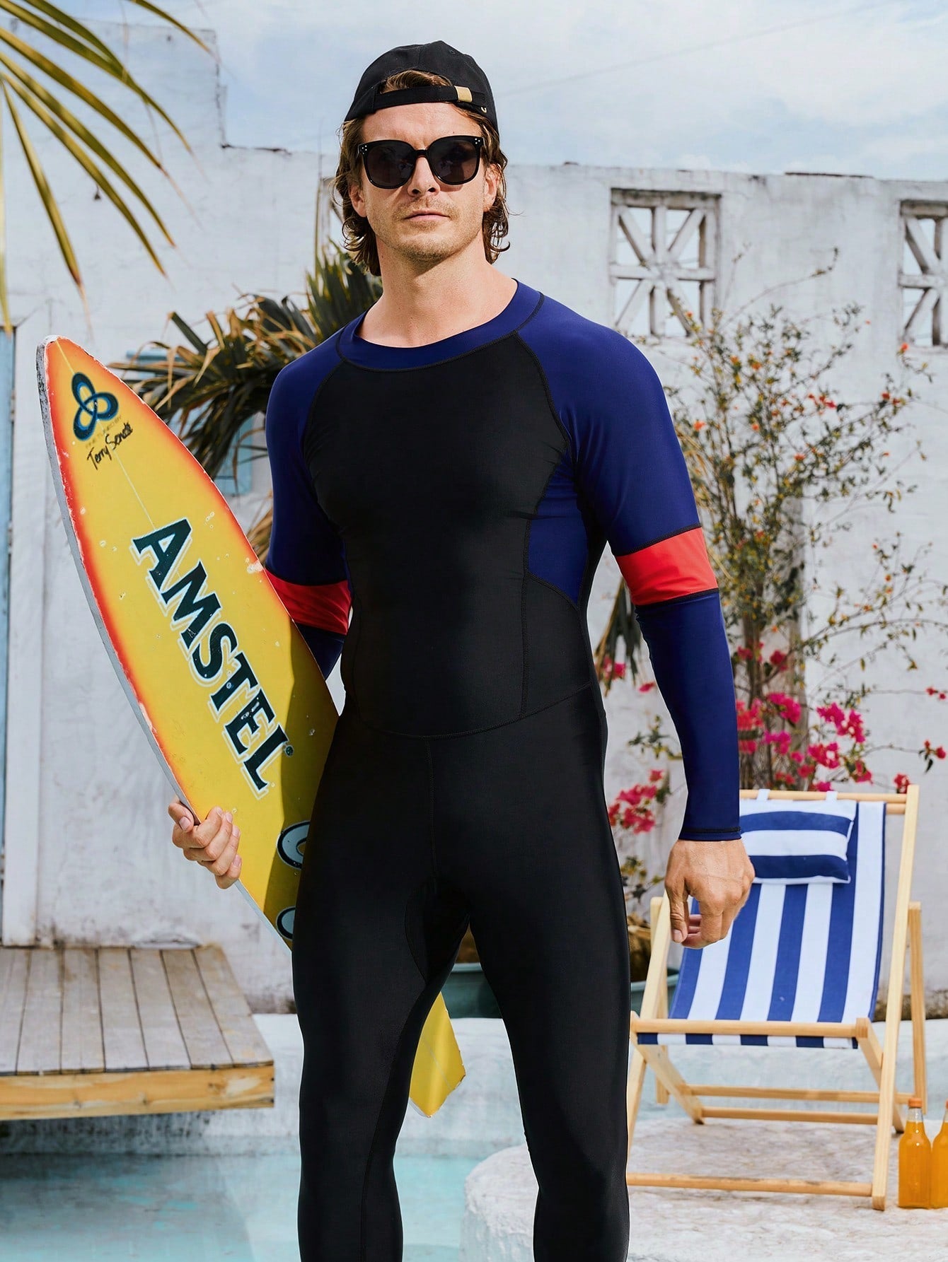 Men's High Neck Color Block One-Piece Swimsuit, Long Sleeve, Zipper Closure