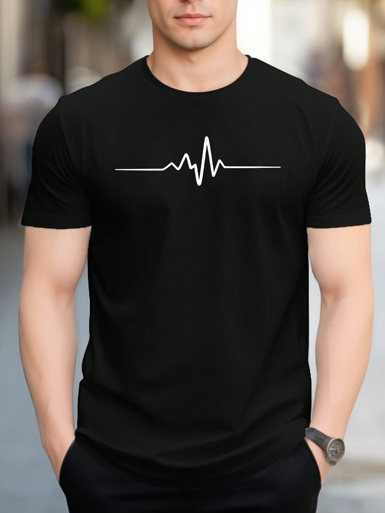 Men's Casual Summer T-Shirt EKG Heartbeat Print Round Neck Short Sleeve