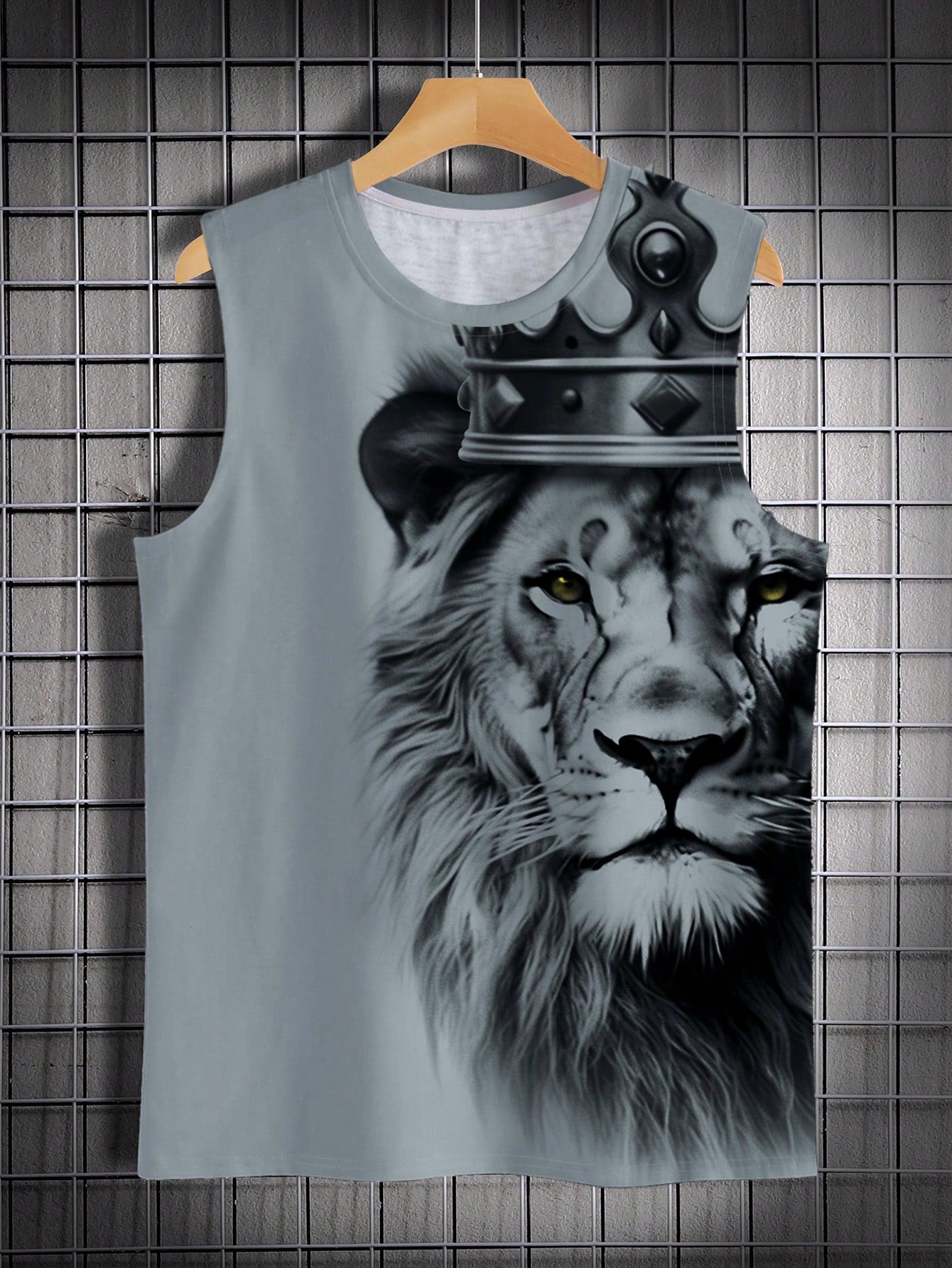 Men's Casual Lion Print Sleeveless Tank Top - Round Neck, Stretch Fabric