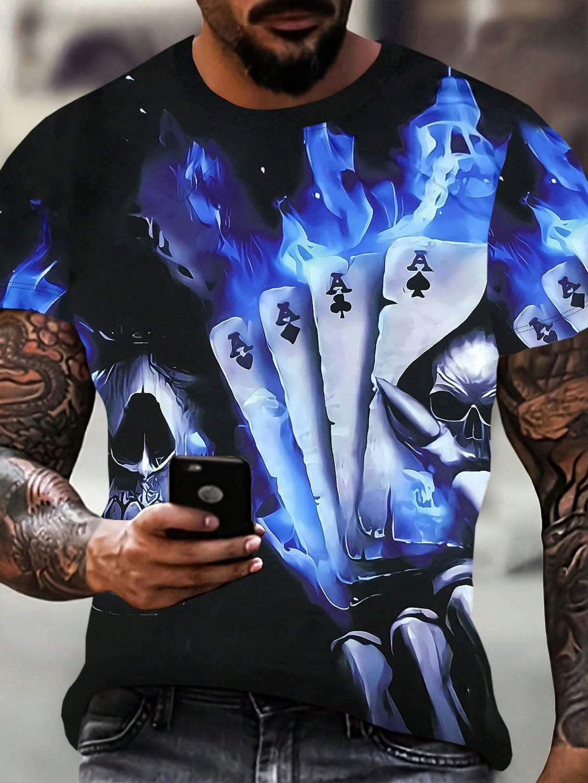 Men's Plus Size Floral Skull Flame Cards Graphic T-Shirt, Summer Short Sleeve