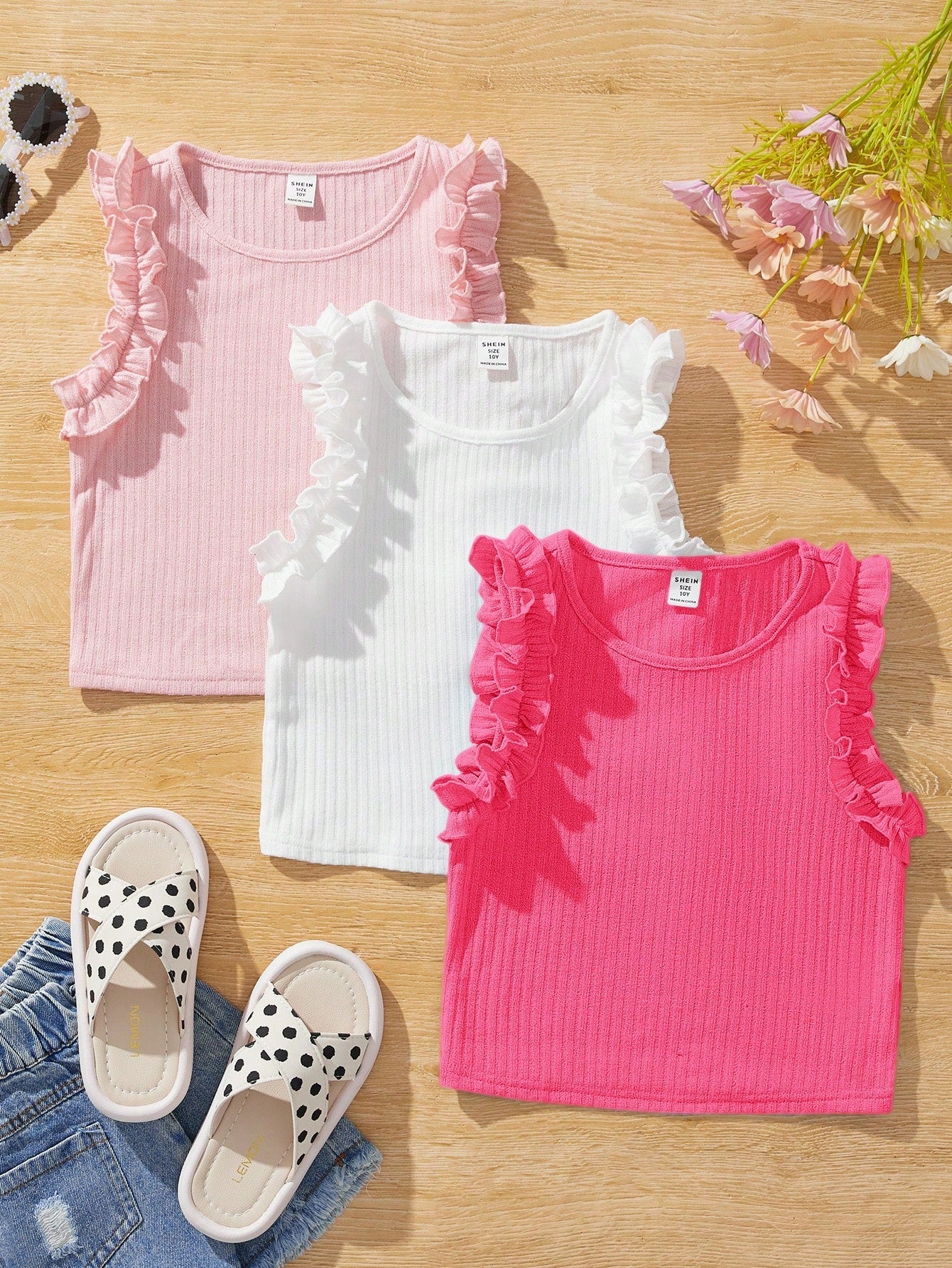 3pcs Tween Girls' Knitted Tank Tops - Crew Neck, Frill Edge, Casual, Rib-Knit, Stretch Fabric