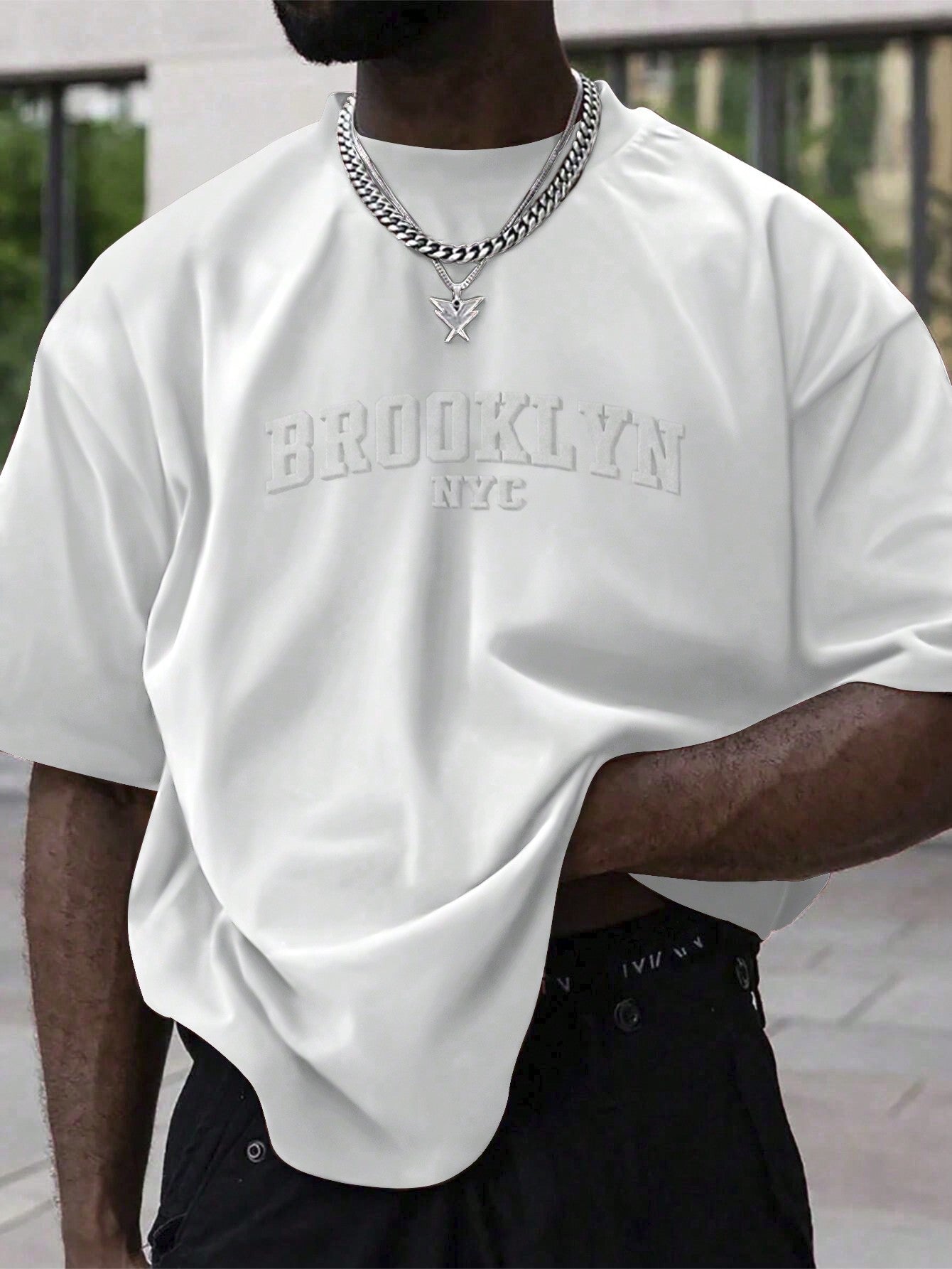 Men's Casual Drop Shoulder T-Shirt, Embossed Letters, Short Sleeve, Round Neck