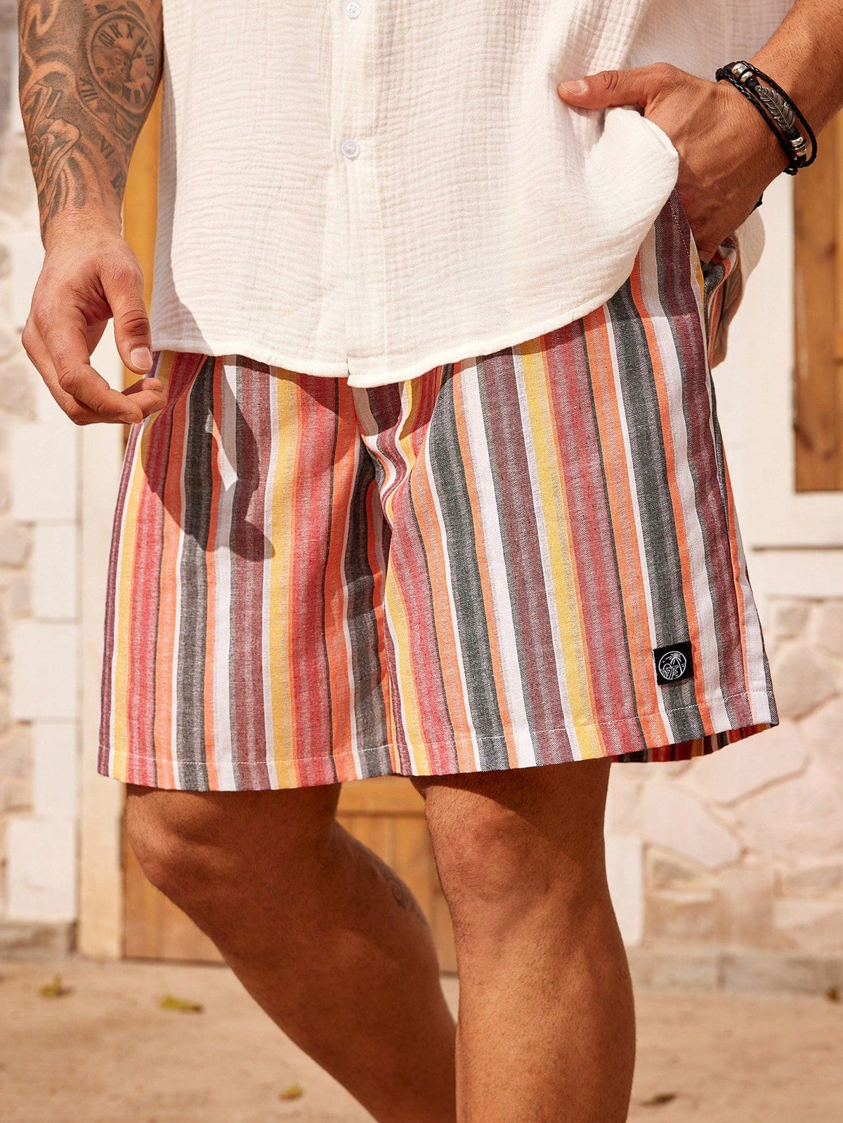 Men's Plus Size Boho Striped Beach Shorts with Pockets, Drawstring Waist