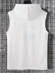 Men's Plus Size Sleeveless Hooded Tank Top - Casual Letter Print, Drawstring, Polyester