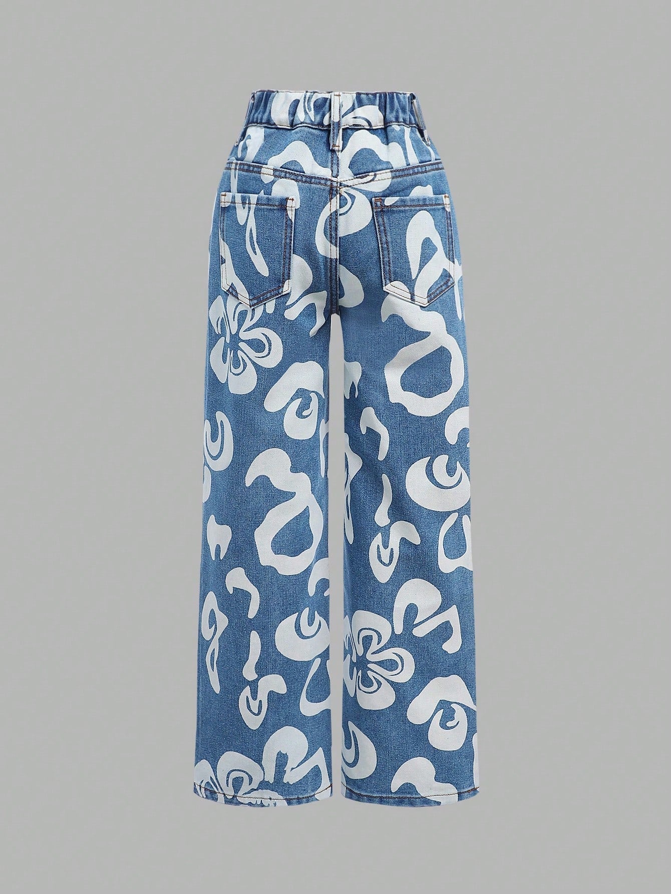 Flower Printed Straight Leg Jeans for Tween Girls - Casual, Loose Fit, Denim