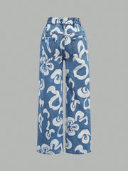 Flower Printed Straight Leg Jeans for Tween Girls - Casual, Loose Fit, Denim