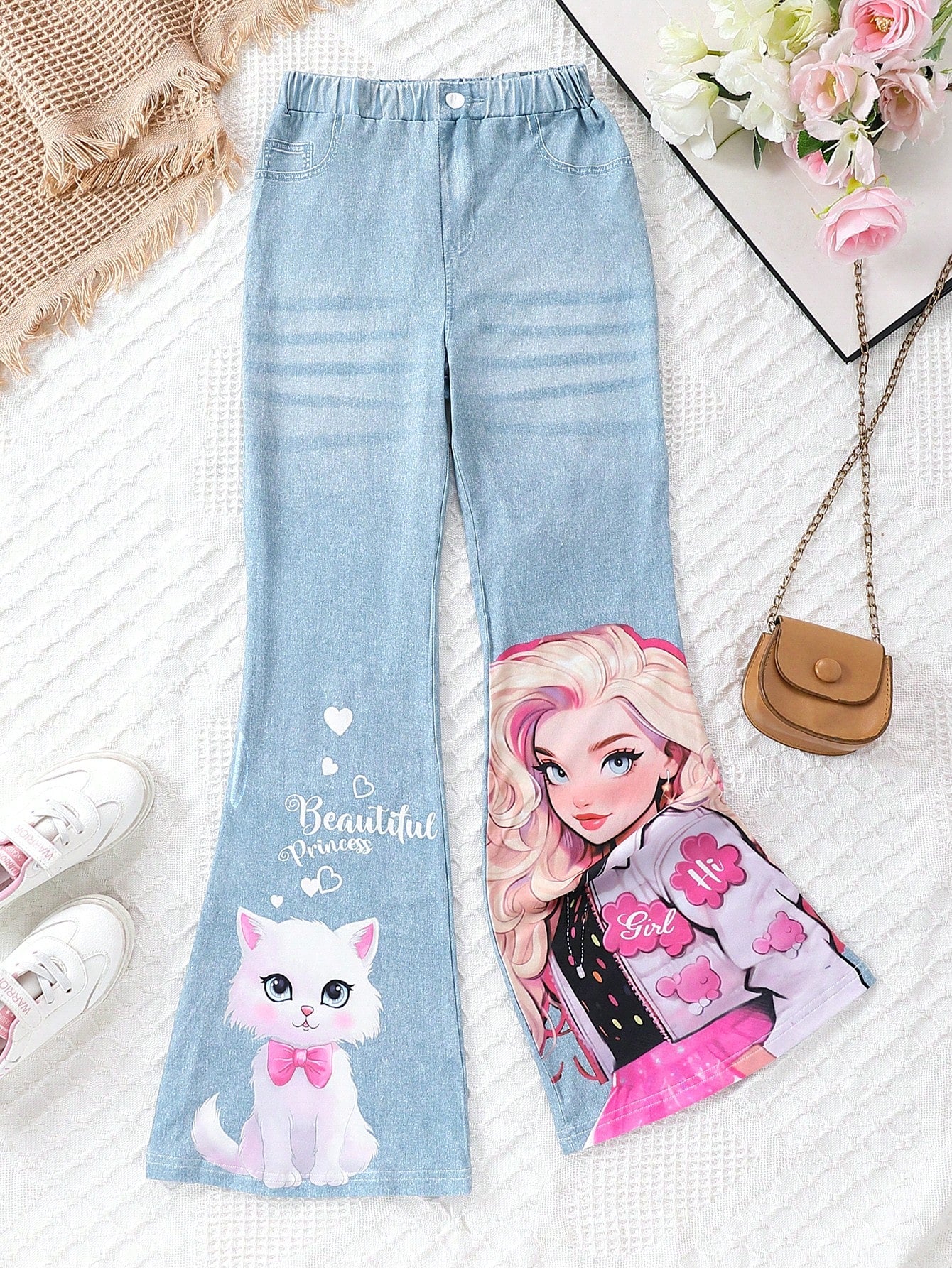 Tween Girls' Casual Cartoon Print Flared Jeans - Elastic Waist, Washed, Medium Stretch