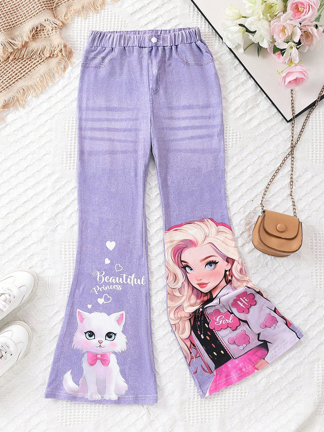 Tween Girls' Casual Cartoon Print Flared Jeans - Elastic Waist, Washed, Medium Stretch