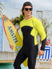 Men's High Stretch Long Sleeve One-Piece Swimsuit with Zipper and High Neck