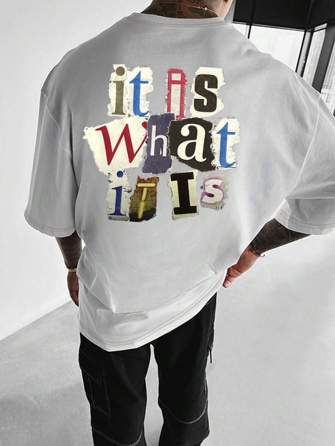 Plus Size Men's Colorful Slogan Print Loose Fit T-Shirt, Casual, Round Neck, Short Sleeve