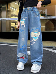 Tween Girl Flared Jeans - Letter & Puppy Print, Elastic Waist, Wide Leg, Pockets