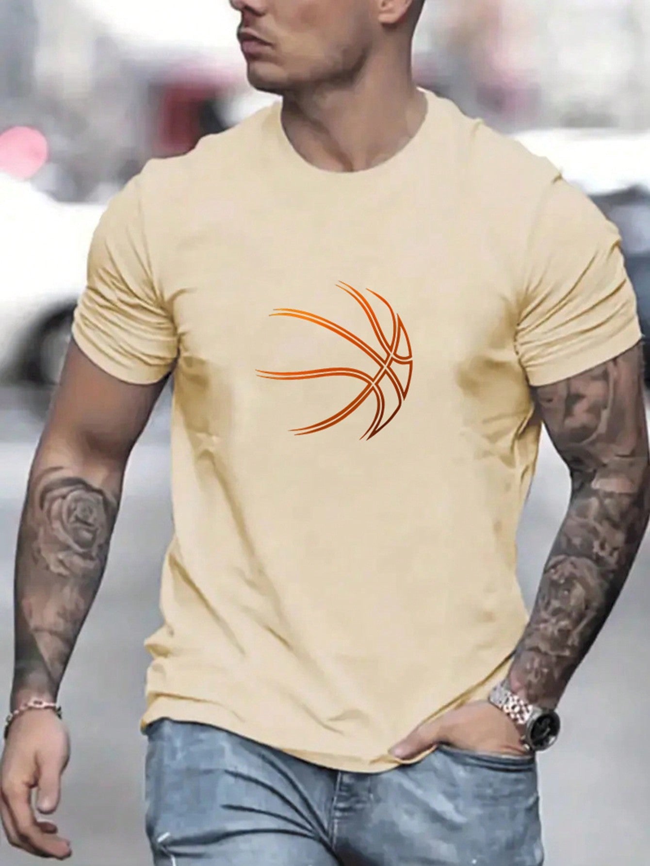 Men's Casual Basketball Graphic T-Shirt, Round Neck, Short Sleeve, Regular Fit