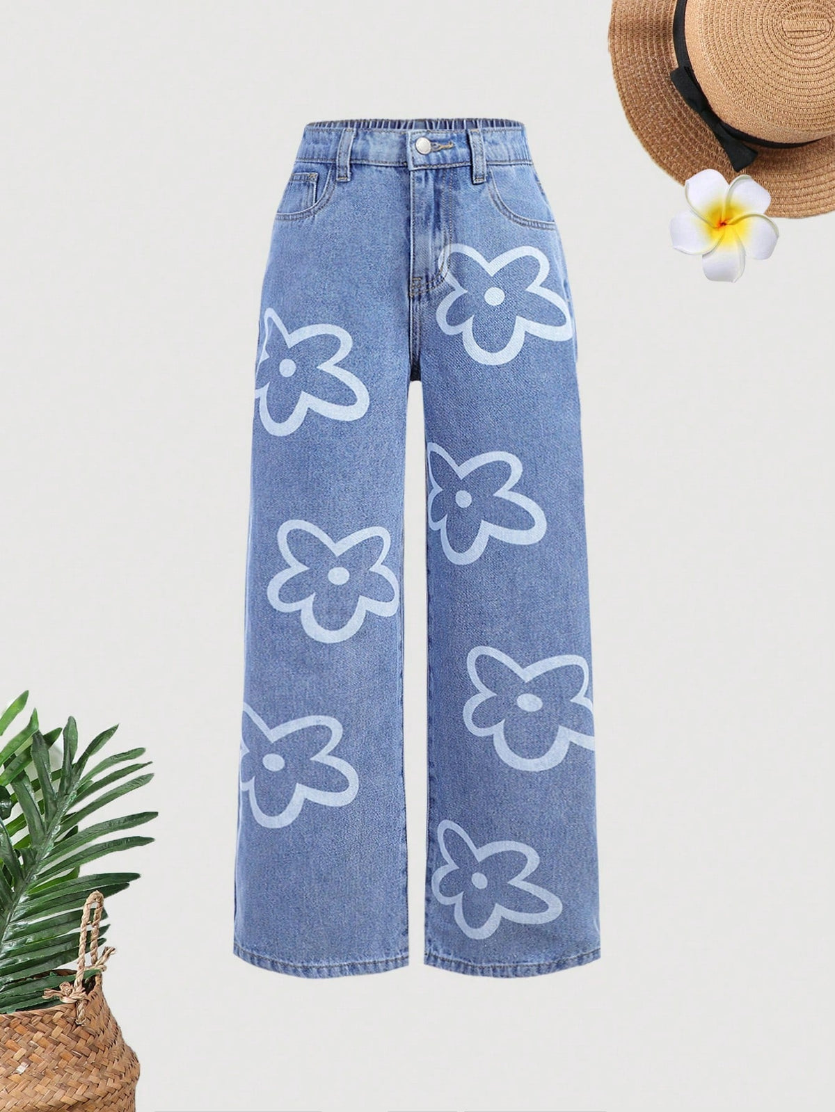 Tween Girl Boho Floral Print Wide Leg Denim Jeans - Summer Casual Outfit