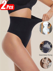 2 Pcs High Waist Seamless Thong Panties - Tummy Control & Butt Lifter Shapewear