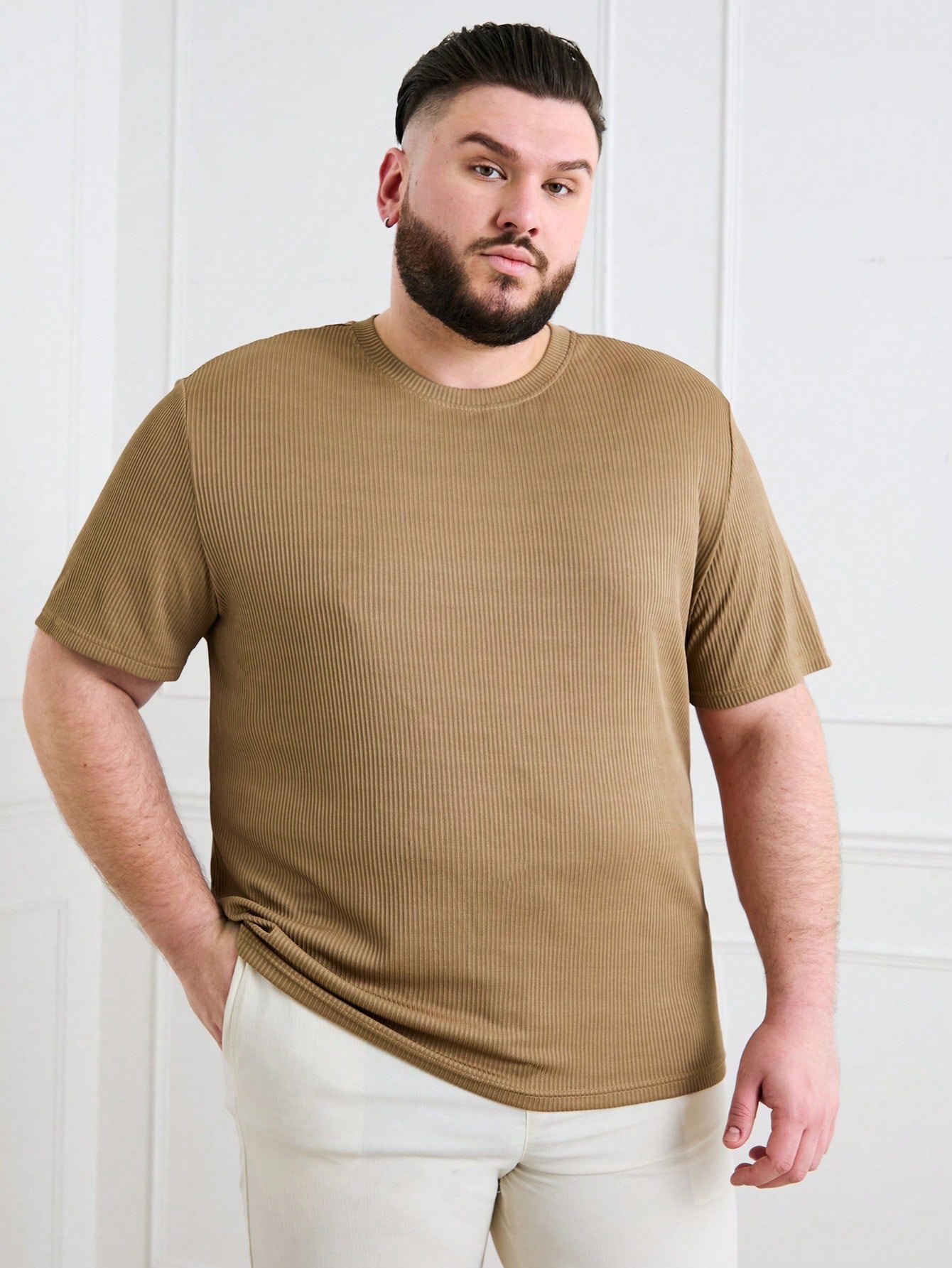 Men's Plus Size Rib-Knit Casual Summer T-Shirt, Short Sleeve, Solid Color