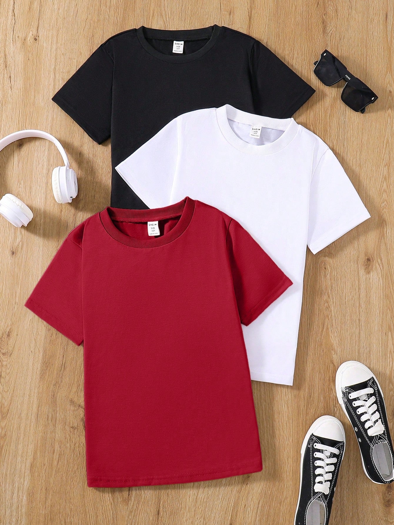 Tween Boy 3pcs Casual Multicolor Knit T-Shirt Set - Slim Fit, Round Neck, Short Sleeve