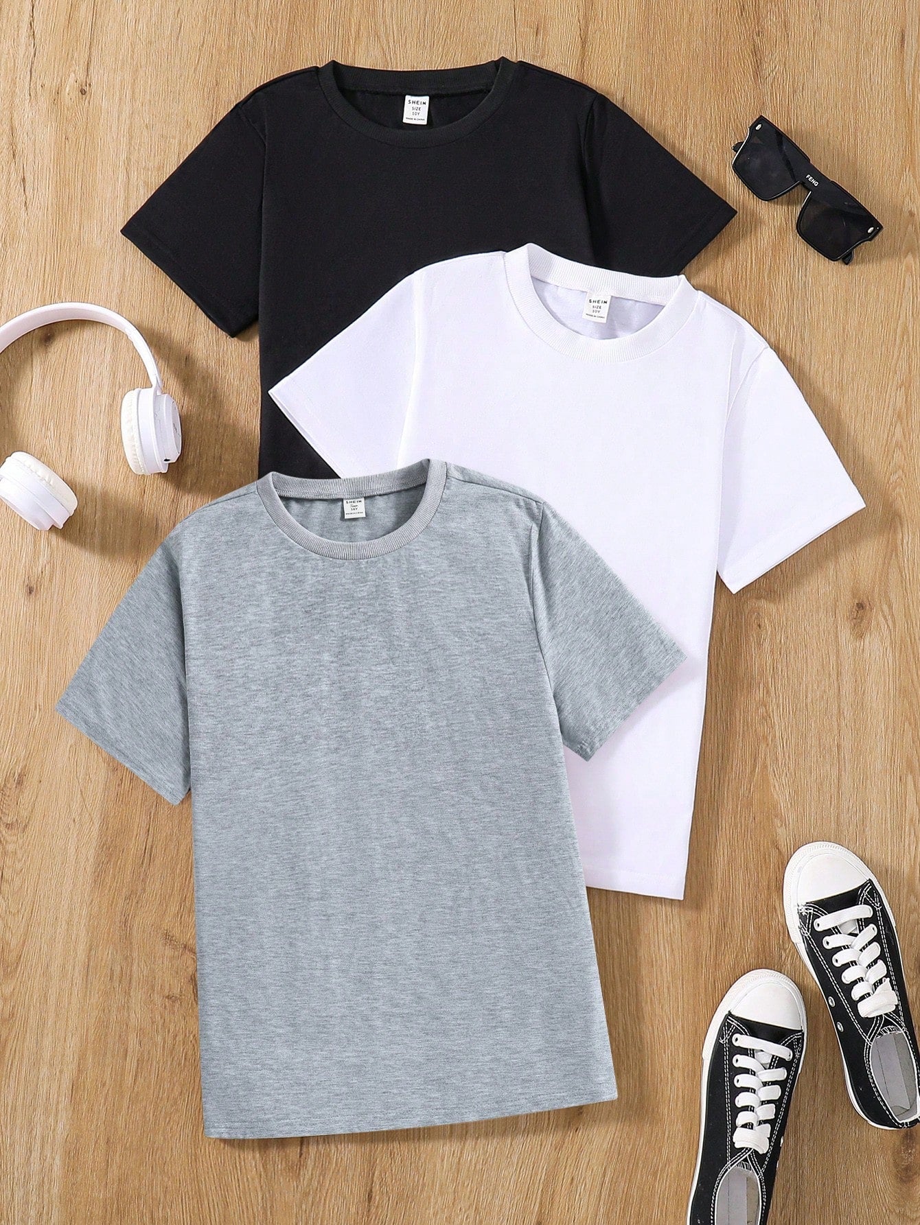 Tween Boy 3pcs Casual Multicolor Knit T-Shirt Set - Slim Fit, Round Neck, Short Sleeve