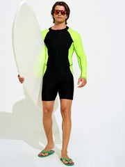 Men's Slim Fit Colorblock One-Piece Swimsuit, High Neck, Long Sleeve, Zipper