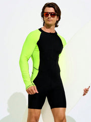 Men's Slim Fit Colorblock One-Piece Swimsuit, High Neck, Long Sleeve, Zipper