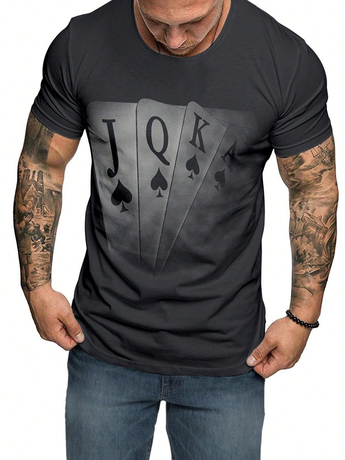 Men's Casual Playing Card Print Tee, Round Neck, Short Sleeve, Medium Stretch