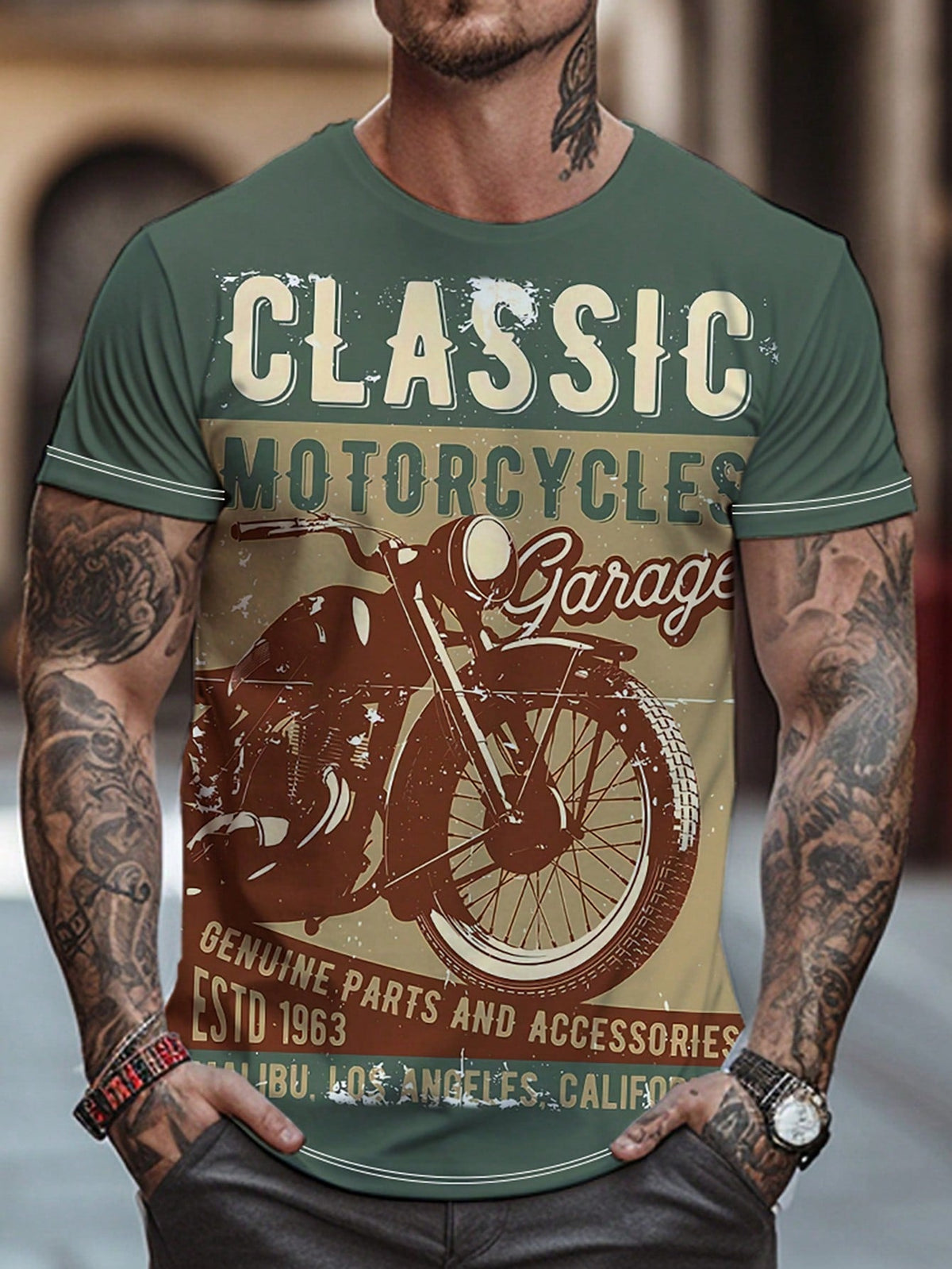 Men's Plus Size Graphic Motorcycle T-Shirt, Casual, Short Sleeve, Round Neck