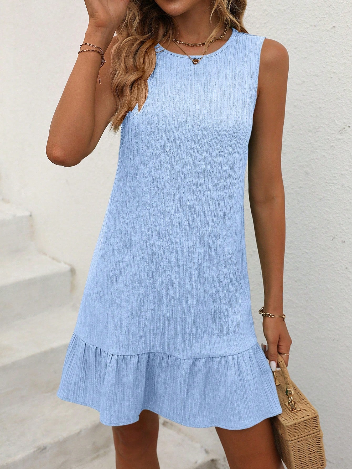 Cute Summer Sleeveless Dress - Button Details, Ruffle Hem, Drop Waist, Non-Stretch Fabric
