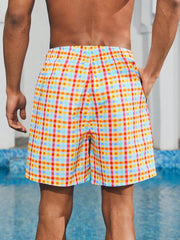 Unisex Plaid Drawstring Beach Shorts - Boho Holiday Style, 100% Polyester, Machine Washable