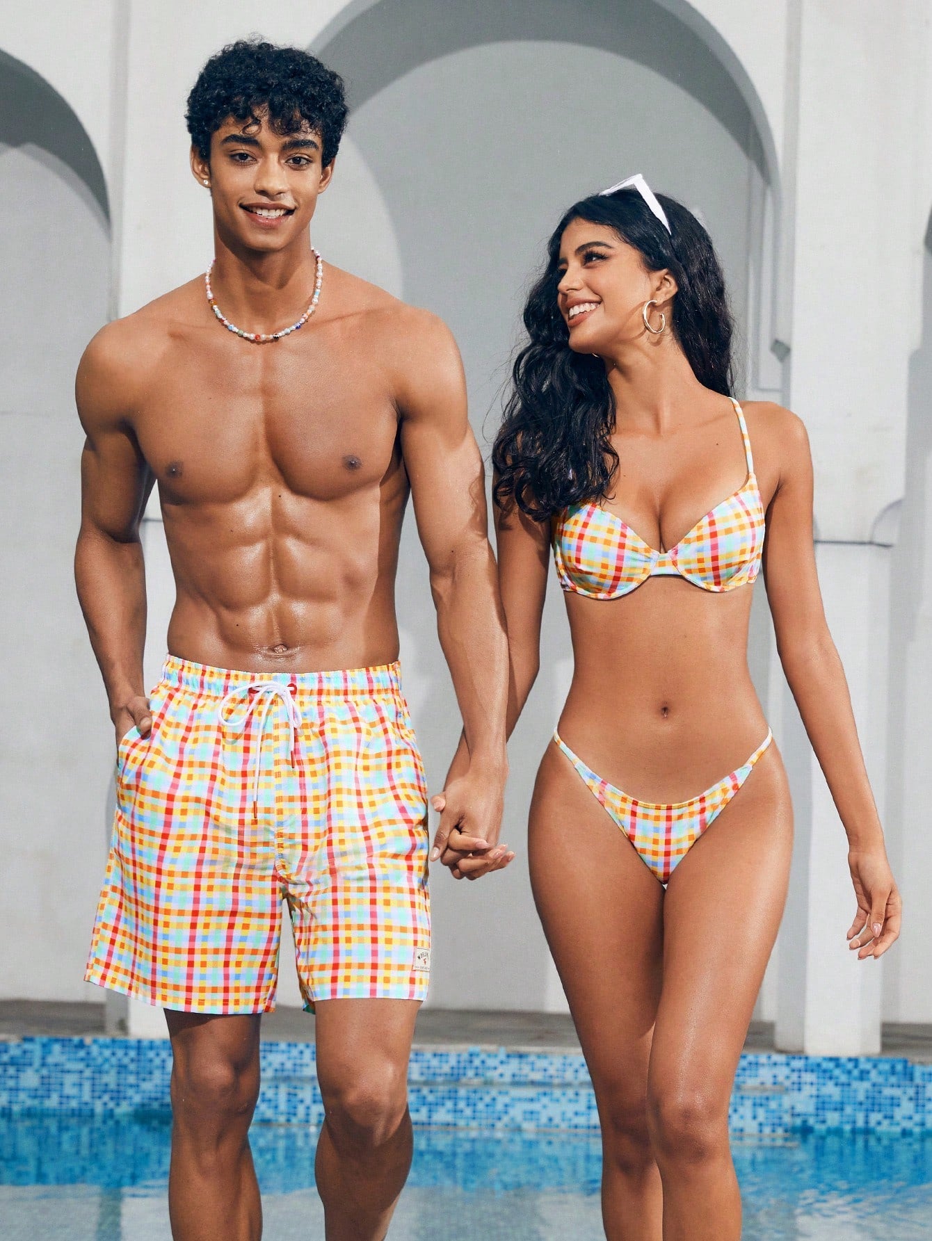 Unisex Plaid Drawstring Beach Shorts - Boho Holiday Style, 100% Polyester, Machine Washable