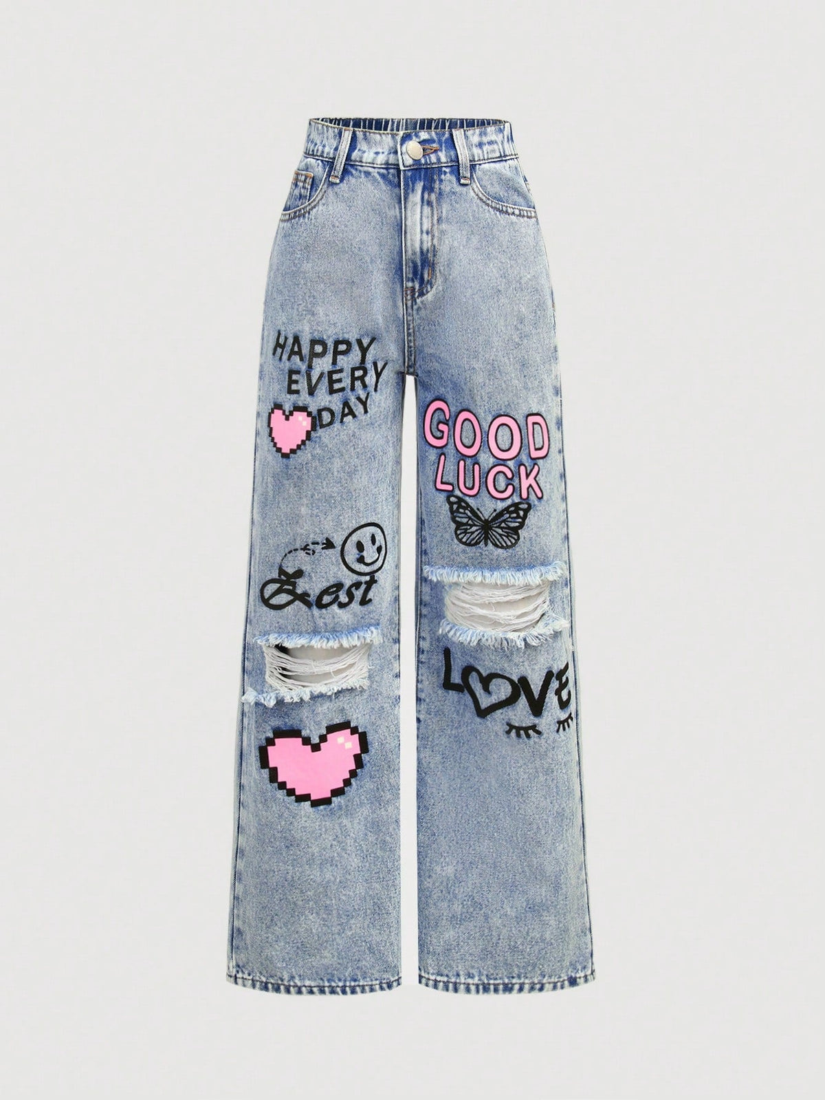 Tween Girls' Light Blue Love Heart Ripped Denim Pants - Straight Leg, Zipper Fly, Pockets