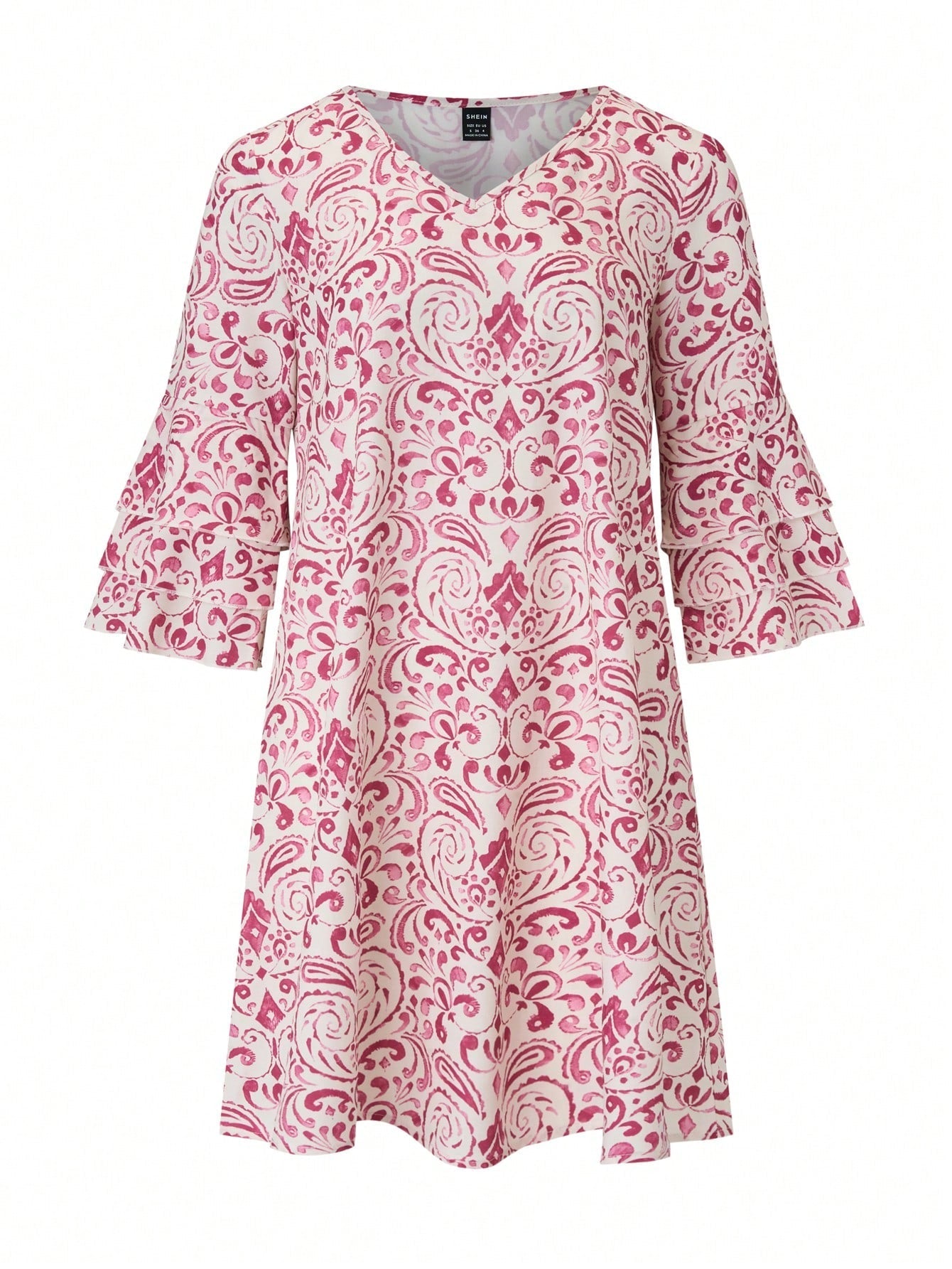 Boho V-Neck Tunic Dress - Printed, Ruffle Sleeve, Knee Length, Loose Fit, 100% Polyester
