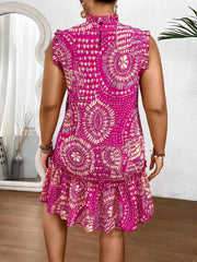 Boho Vintage Sleeveless Dress - Ruffle Hem, All Over Print, Stand Collar, Long Length
