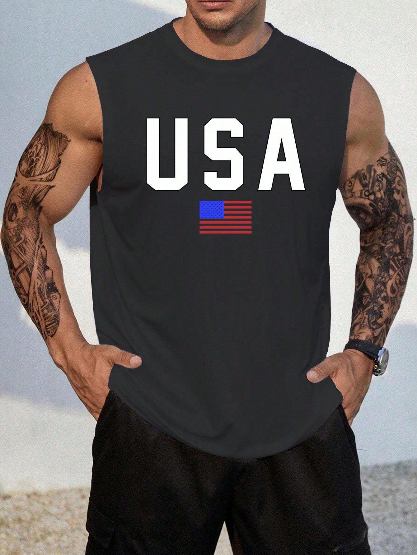 Men's Casual Tank Top - Letter & Flag Print, Sleeveless, Round Neck