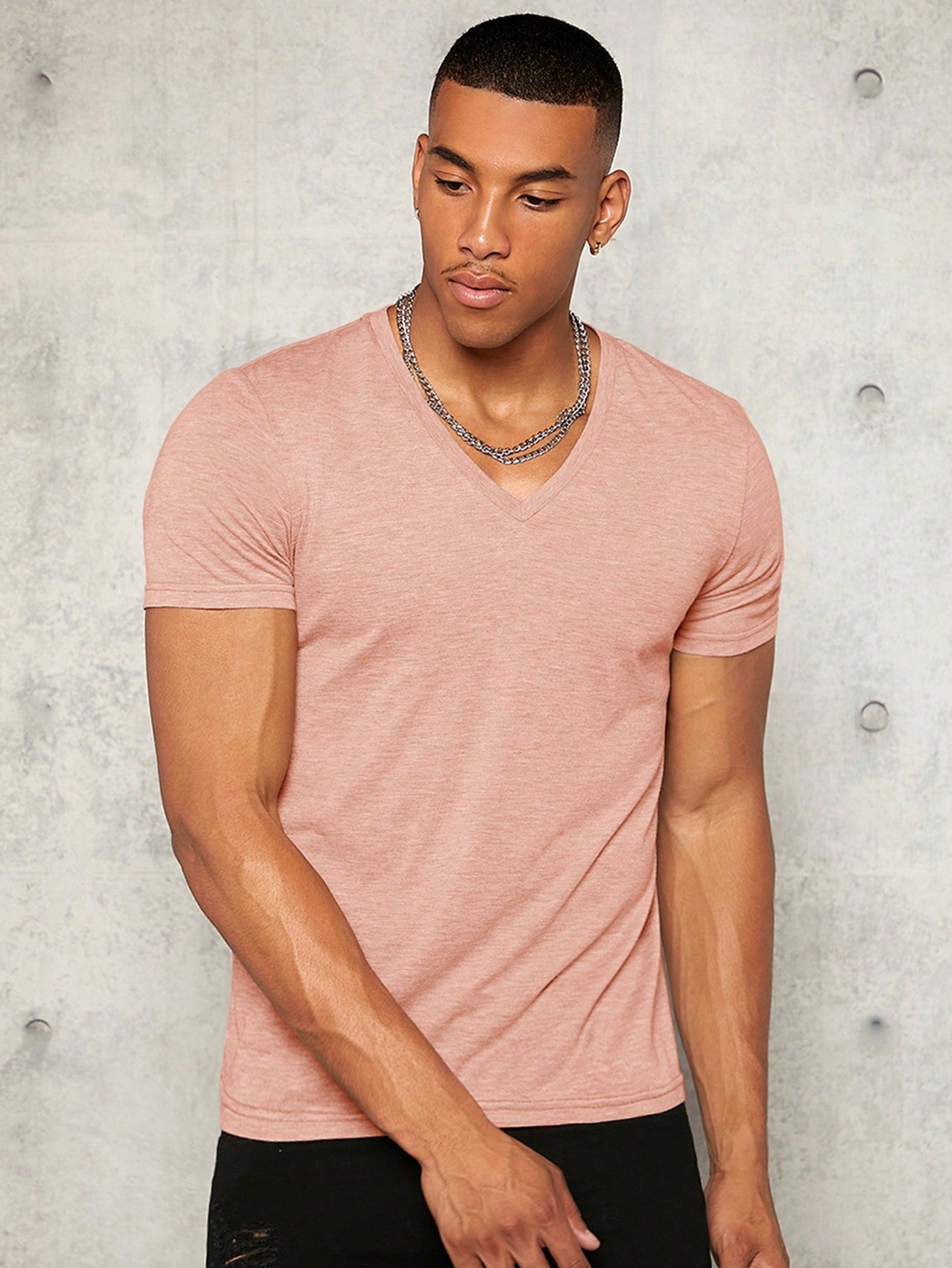 Men's V Neck Short Sleeve T-Shirt - Casual, Slim Fit, Plain, Summer Knit