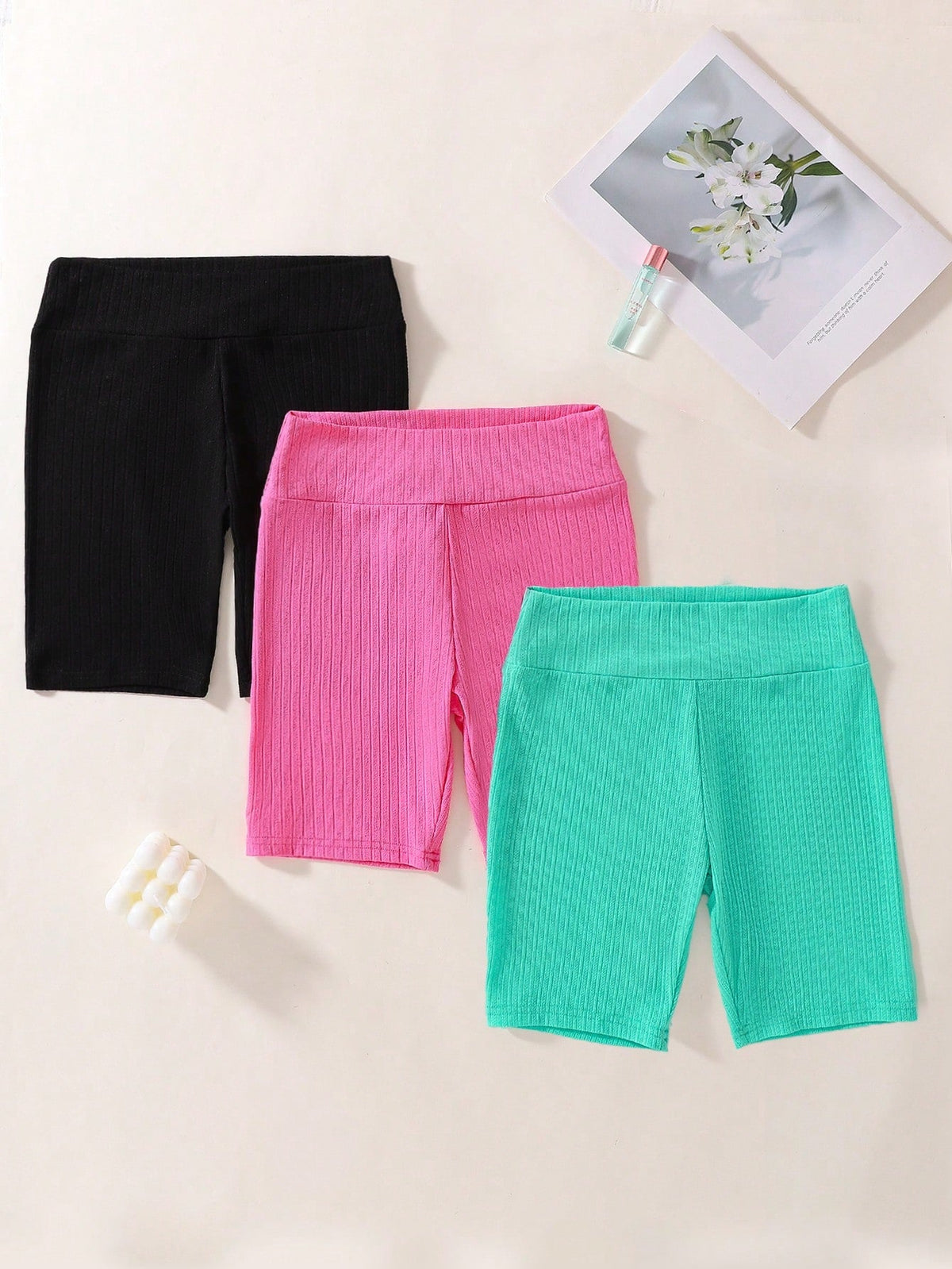 Tween Girl 3pcs High Waist Ribbed Elastic Biker Shorts - High Stretch, Knitted Fabric