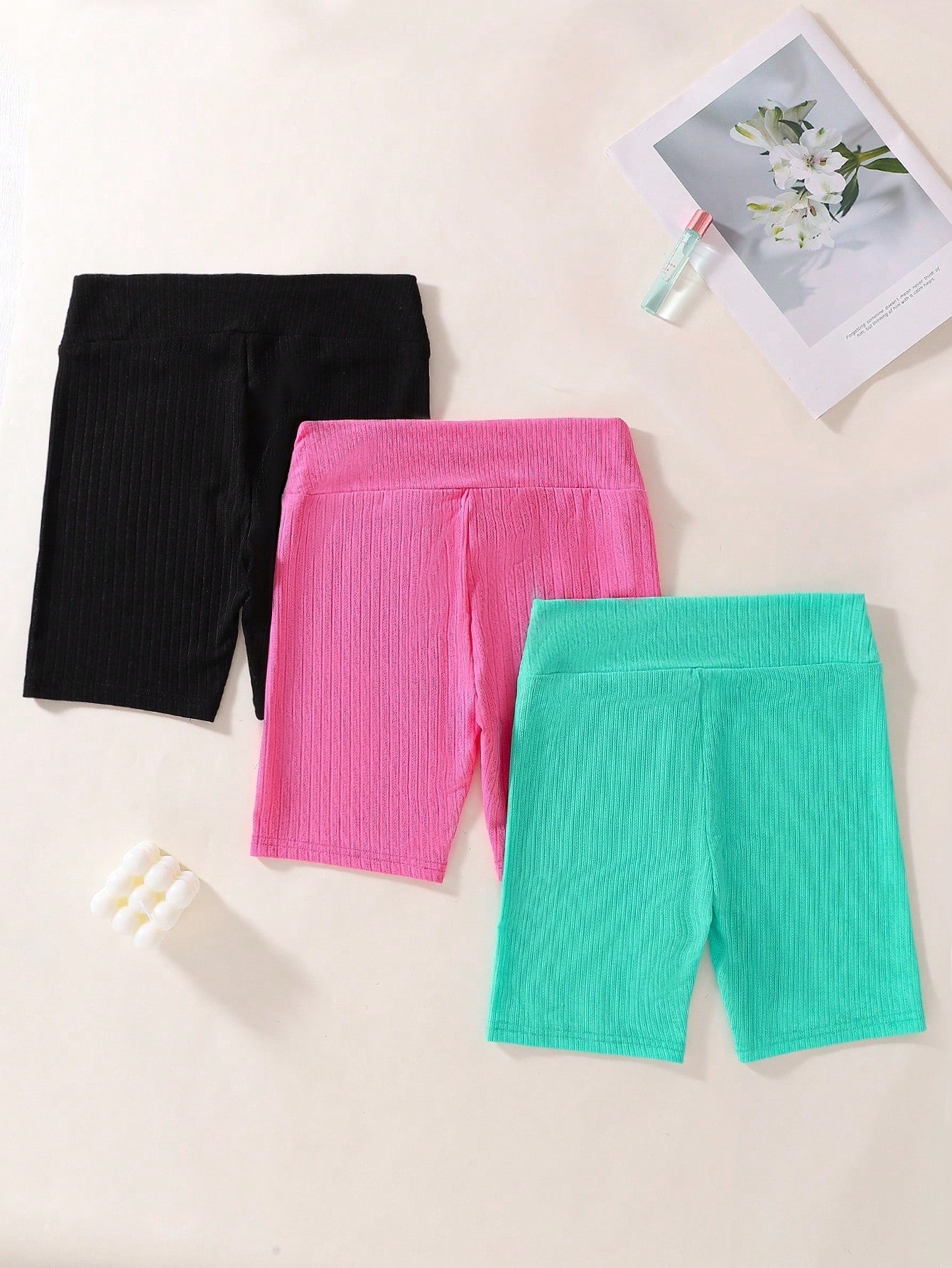 Tween Girl 3pcs High Waist Ribbed Elastic Biker Shorts - High Stretch, Knitted Fabric