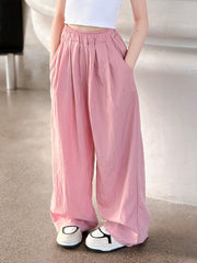 Tween Girl Wide Leg Casual Pants - Elastic Waist, Pockets, Non-Stretch Fabric