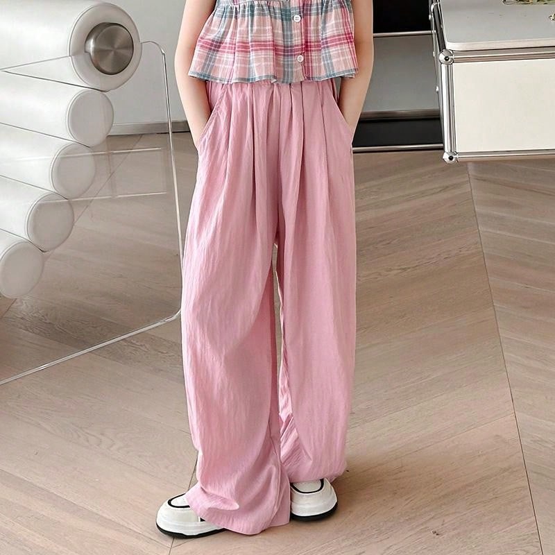 Tween Girl Wide Leg Casual Pants - Elastic Waist, Pockets, Non-Stretch Fabric