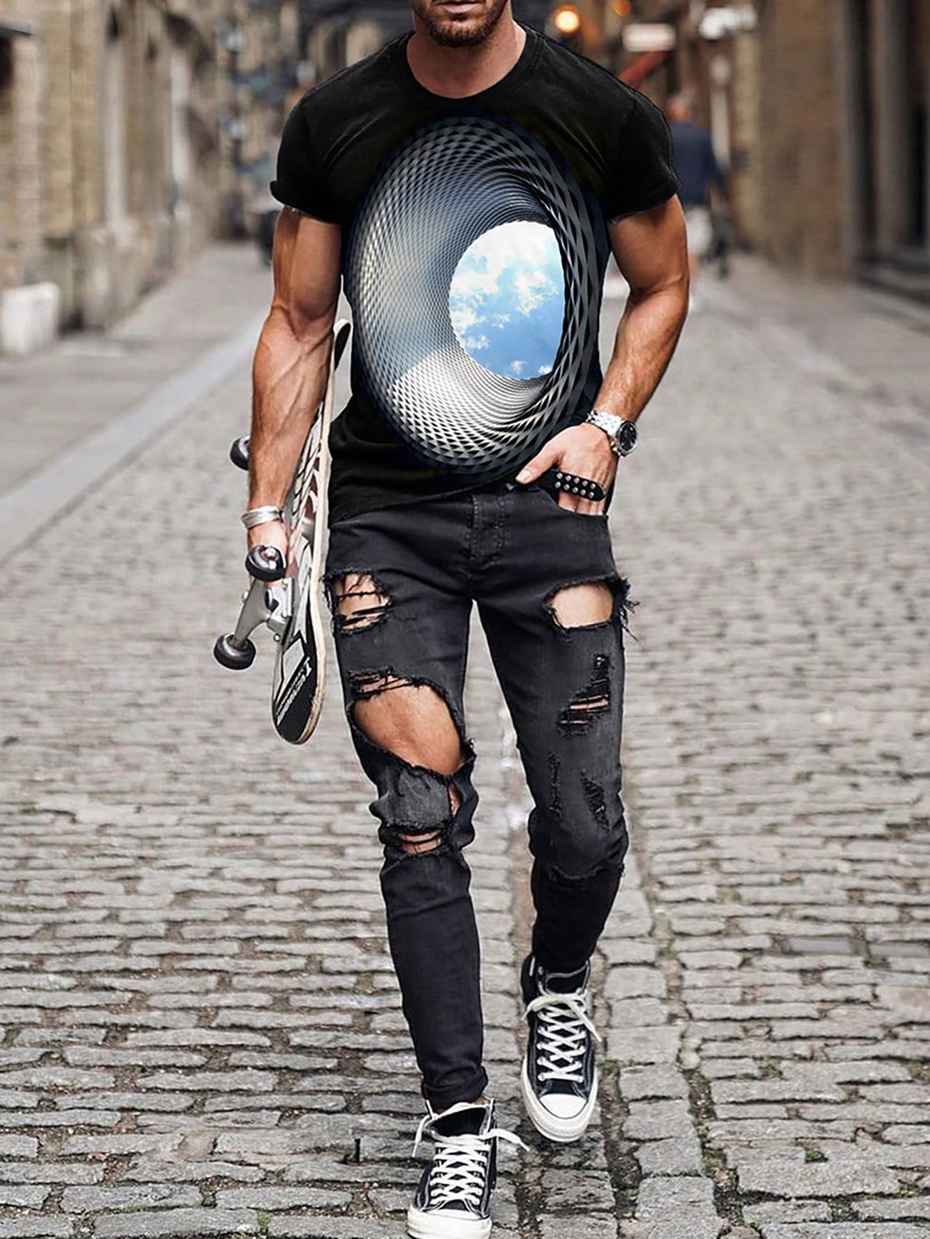 Men's Plus Size Sky Print Round Neck Short Sleeve Casual T-Shirt