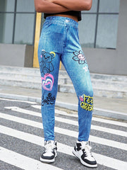 Tween Girl Comfortable Mid-Rise Denim Effect Leggings - Plant Pattern, Long Length