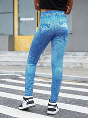 Tween Girl Comfortable Mid-Rise Denim Effect Leggings - Plant Pattern, Long Length