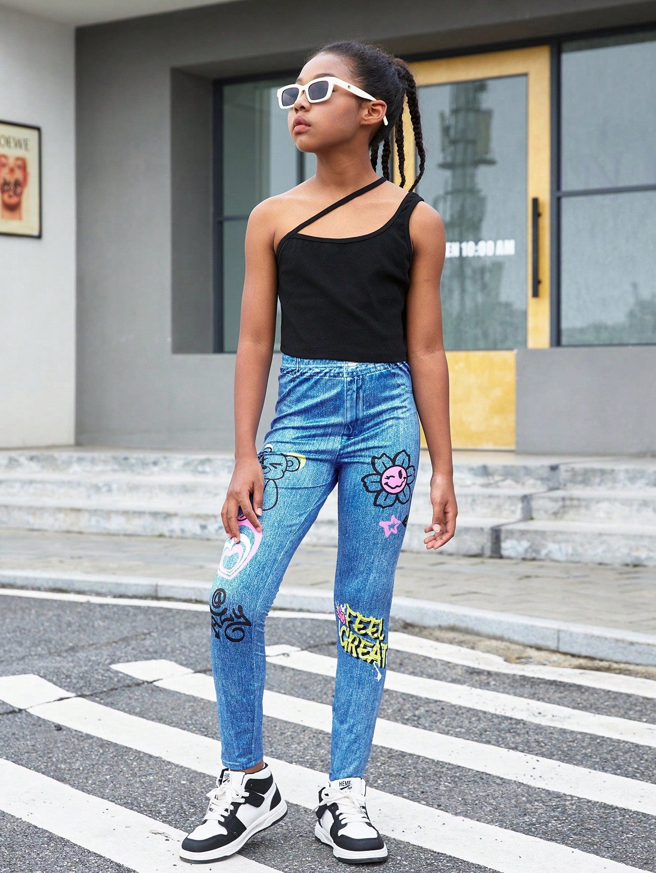 Tween Girl Comfortable Mid-Rise Denim Effect Leggings - Plant Pattern, Long Length