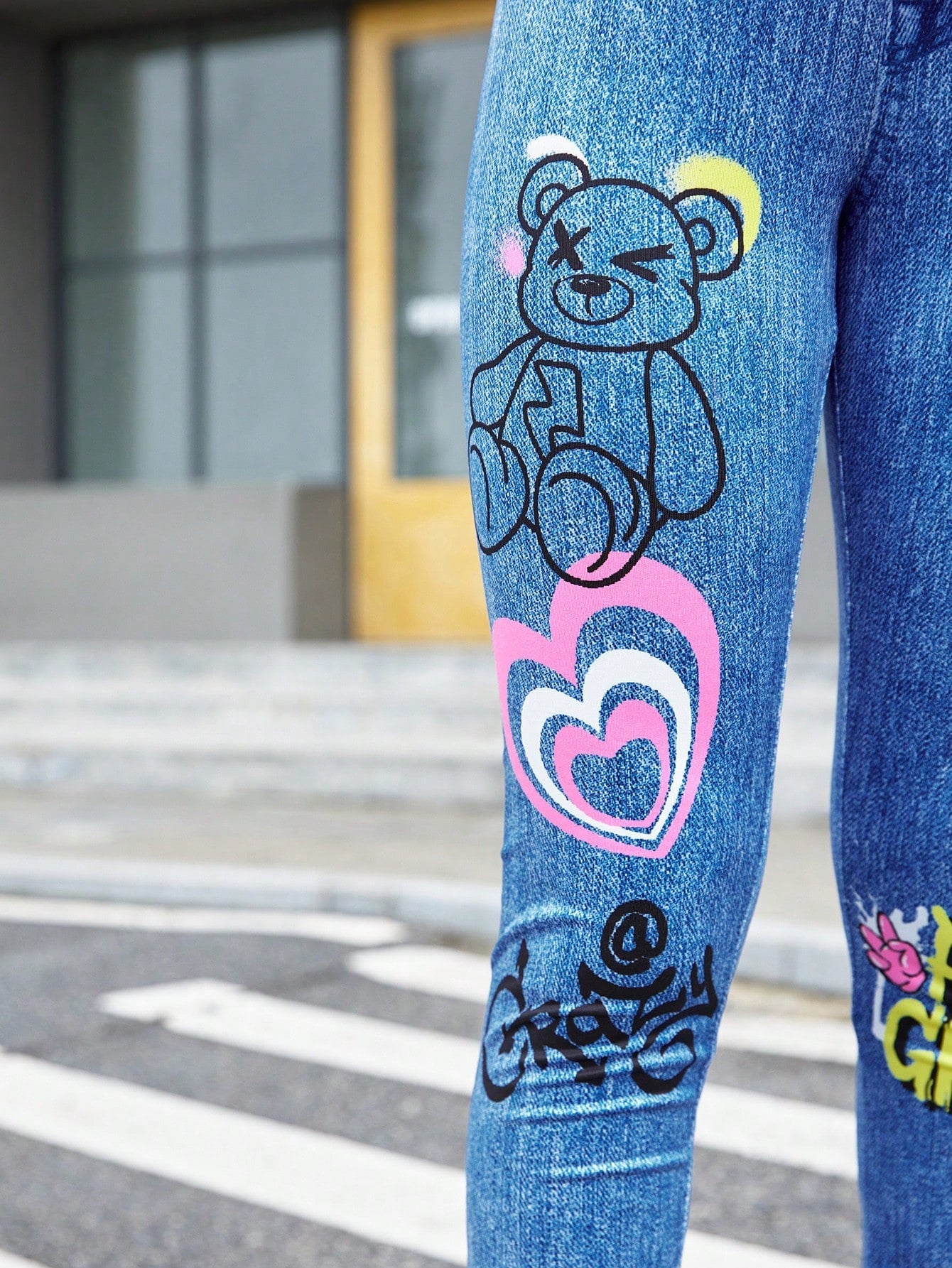 Tween Girl Comfortable Mid-Rise Denim Effect Leggings - Plant Pattern, Long Length