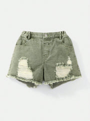 Tween Girl Distressed Denim Shorts - Ripped, Zipper Fly, Natural Waist, Pockets