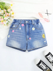 Tween Girl's Casual Denim Shorts - Flower Embroidery, Pockets, Elastic Waist