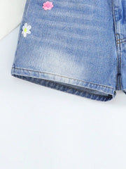 Tween Girl's Casual Denim Shorts - Flower Embroidery, Pockets, Elastic Waist