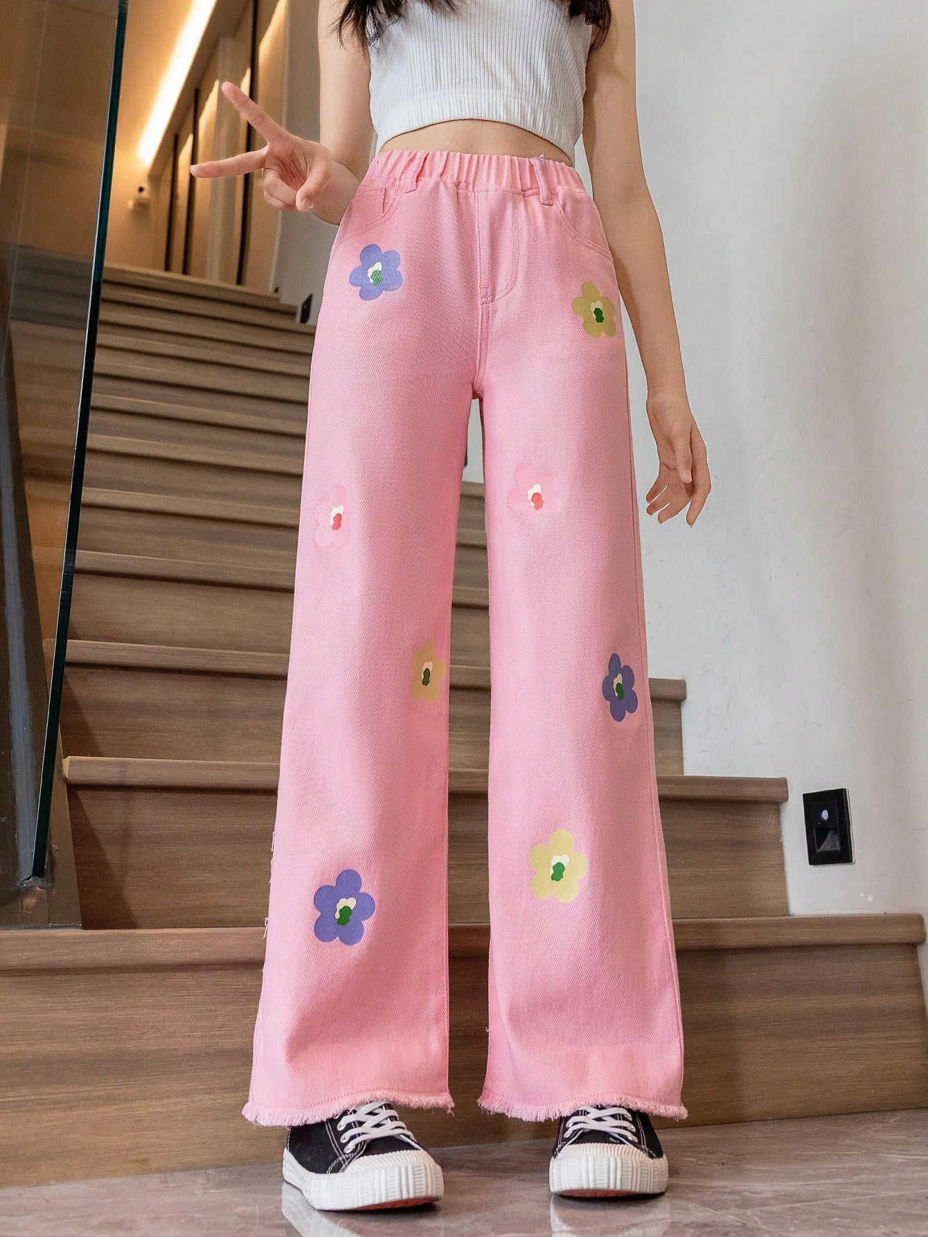 Tween Girl Floral Print Wide Leg Jeans - Elastic Waist, Pockets, 100% Cotton Denim