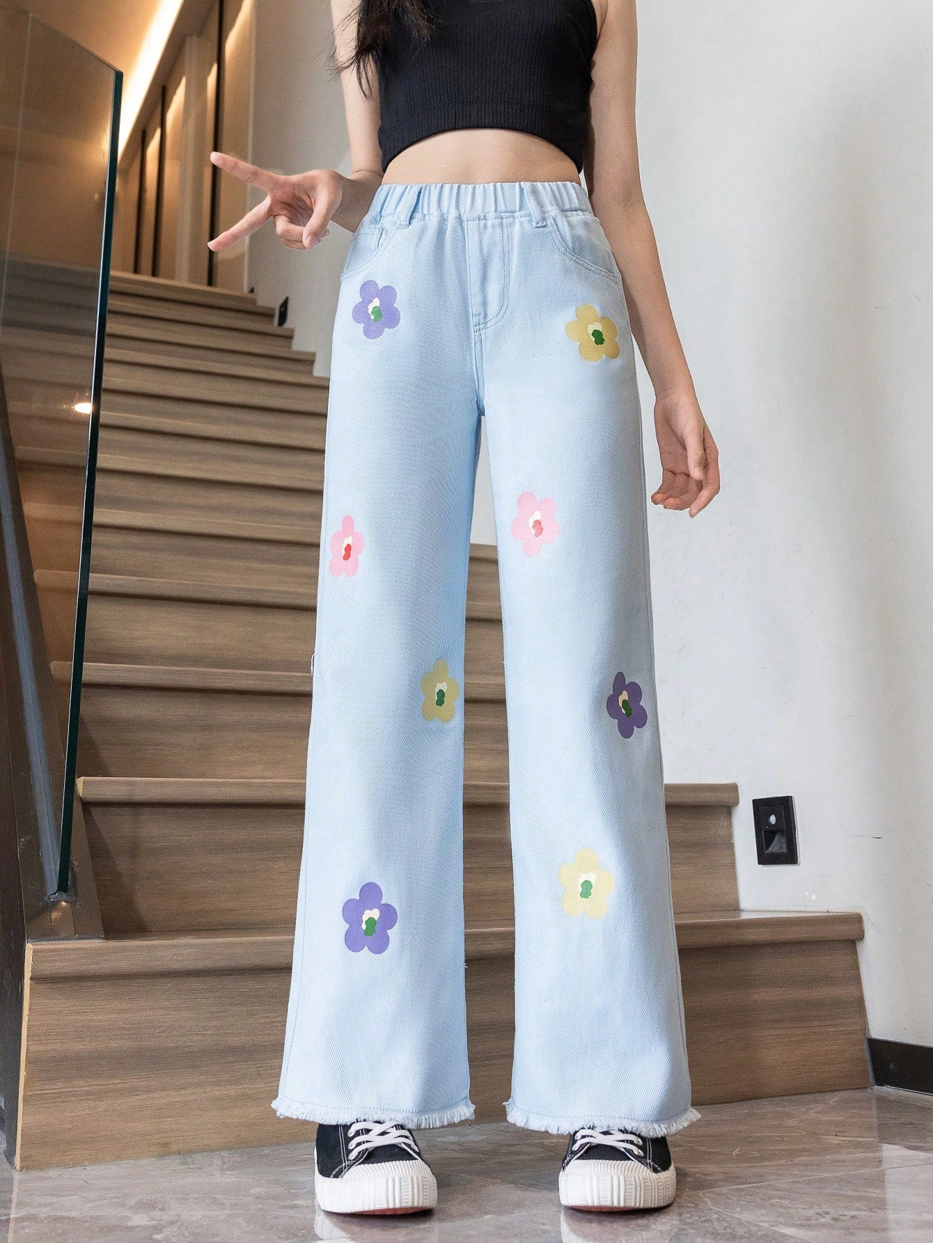 Tween Girl Floral Print Wide Leg Jeans - Elastic Waist, Pockets, 100% Cotton Denim